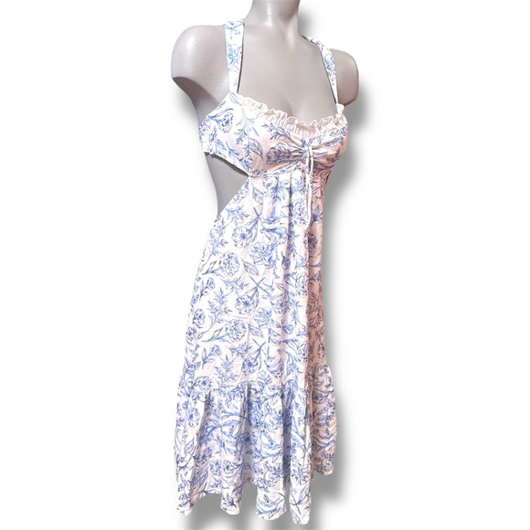 For Love & Lemons Floral Midi Dress Size S White Blue - Picture 2 of 6